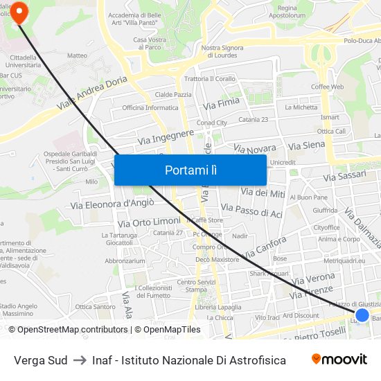 Verga Sud to Inaf - Istituto Nazionale Di Astrofisica map