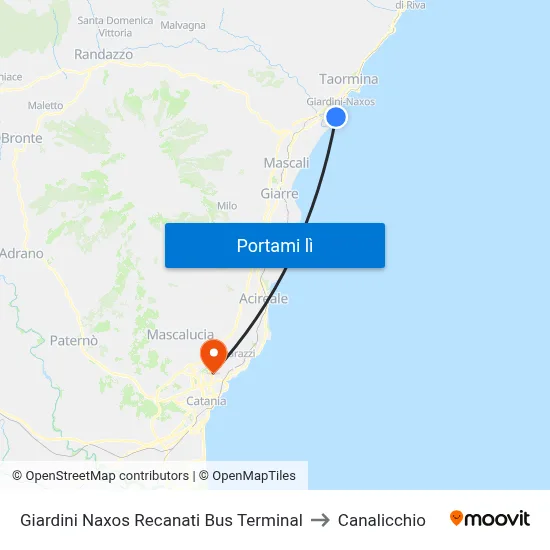 Giardini Naxos Recanati Bus Terminal to Canalicchio map