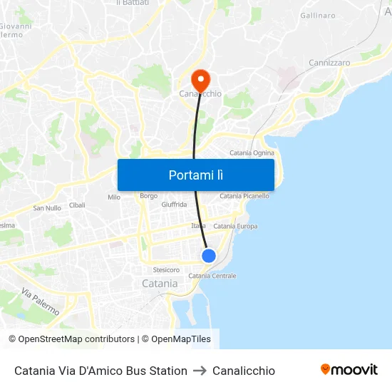 Catania Via D'Amico Bus Station to Canalicchio map