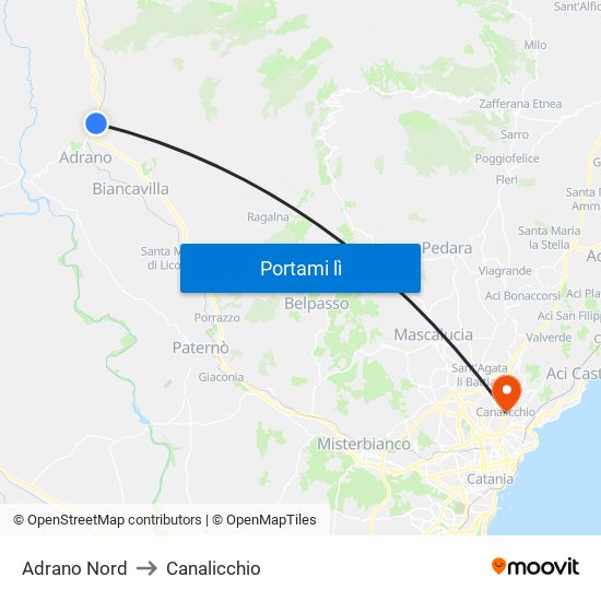 Adrano Nord to Canalicchio map