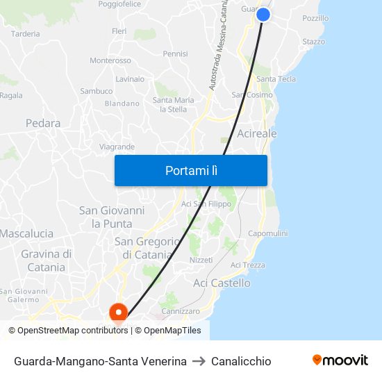 Guarda-Mangano-Santa Venerina to Canalicchio map