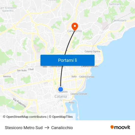 Stesicoro Metro Sud to Canalicchio map