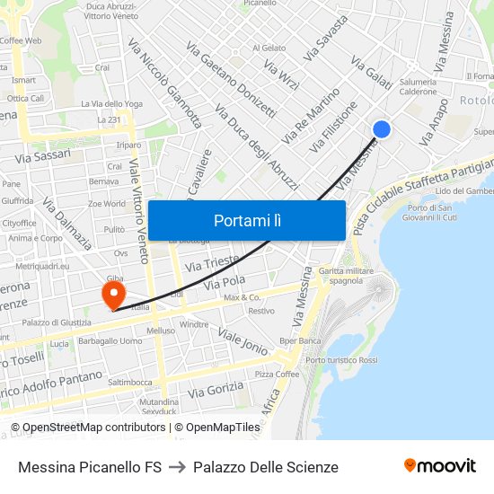 Messina Picanello FS to Palazzo Delle Scienze map