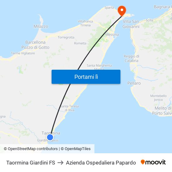 Taormina Giardini FS to Azienda Ospedaliera Papardo map