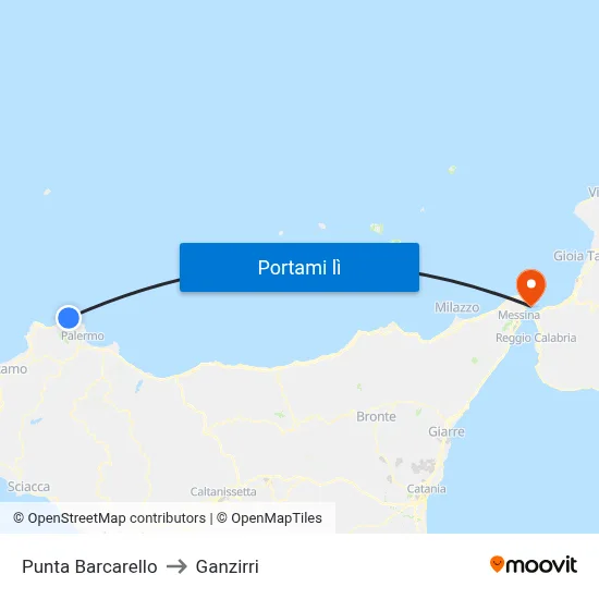 Punta Barcarello to Ganzirri map