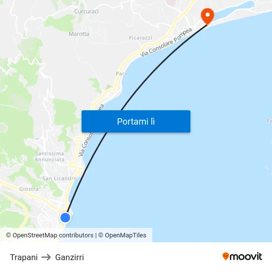 Trapani to Ganzirri map