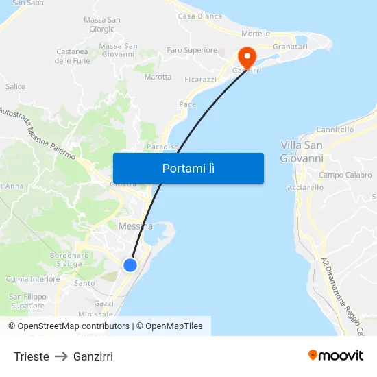 Trieste to Ganzirri map