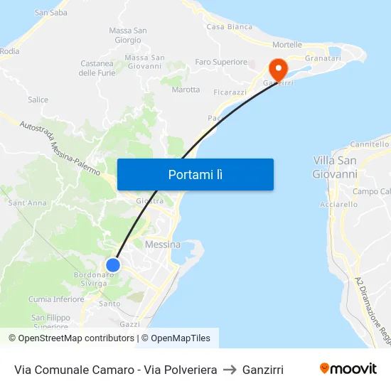 Via Comunale Camaro - Via Polveriera to Ganzirri map