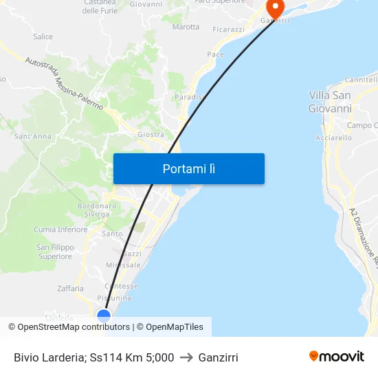 Bivio Larderia; Ss114 Km 5;000 to Ganzirri map