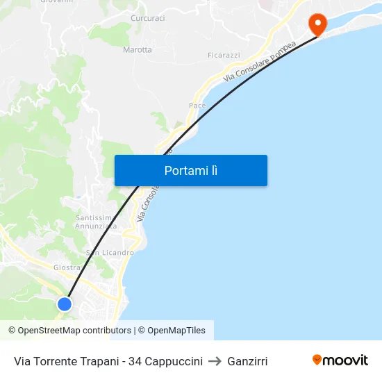 Via Torrente Trapani - 34 Cappuccini to Ganzirri map