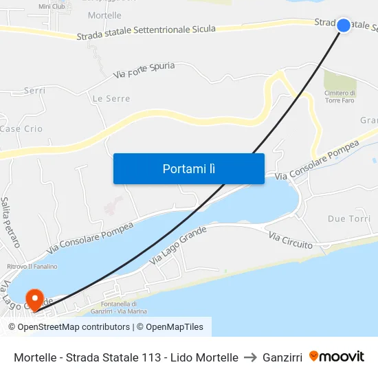 Mortelle - Strada Statale 113 - Lido Mortelle to Ganzirri map