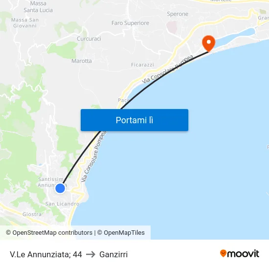 V.Le Annunziata; 44 to Ganzirri map