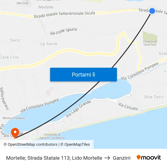 Mortelle; Strada Statale 113; Lido Mortelle to Ganzirri map