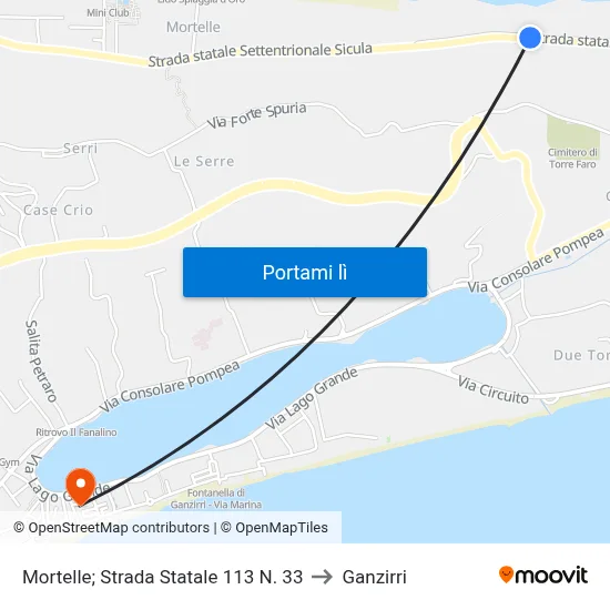 Mortelle; Strada Statale 113 N. 33 to Ganzirri map
