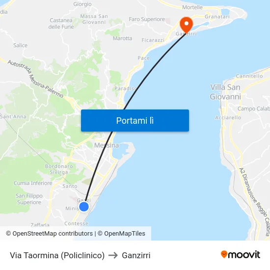 Via Taormina (Policlinico) to Ganzirri map