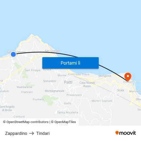Zappardino to Tindari map