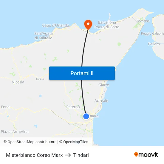Misterbianco Corso Marx to Tindari map