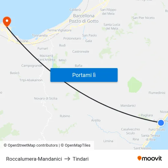 Roccalumera-Mandanici to Tindari map