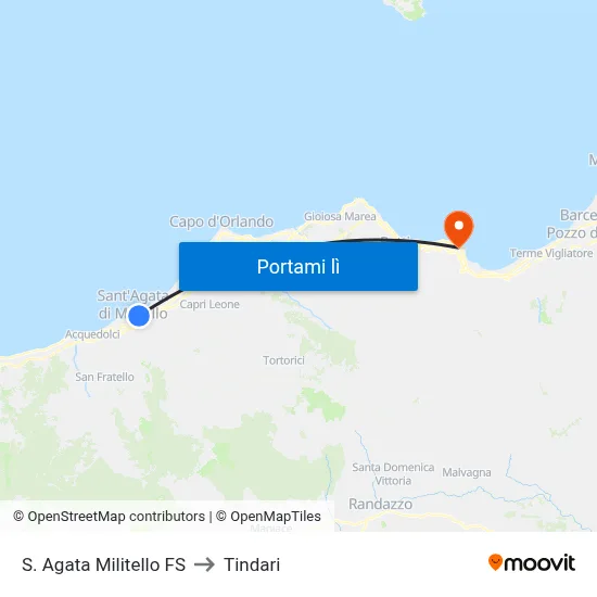 S. Agata Militello FS to Tindari map