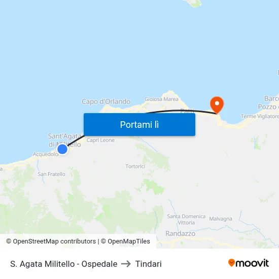 S. Agata Militello - Ospedale to Tindari map