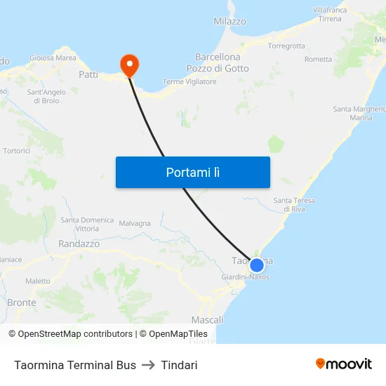 Taormina Terminal Bus to Tindari map