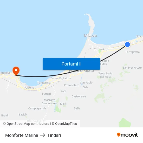 Monforte Marina to Tindari map