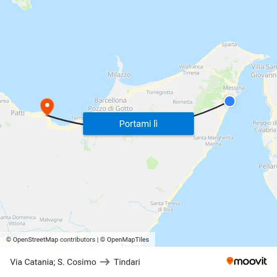 Via Catania; S. Cosimo to Tindari map