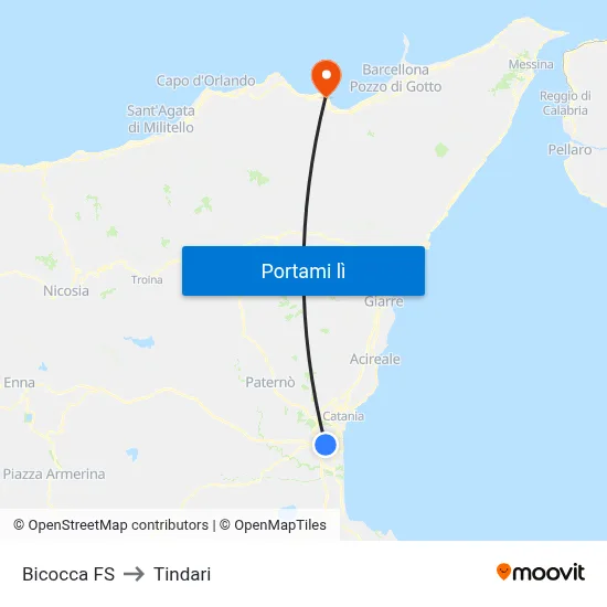 Bicocca FS to Tindari map