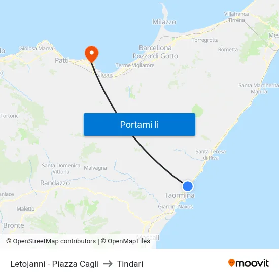 Letojanni - Piazza Cagli to Tindari map