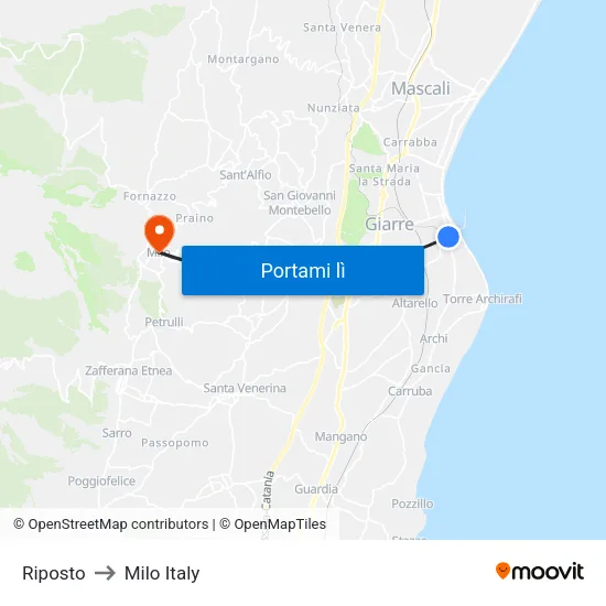 Riposto to Milo Italy map