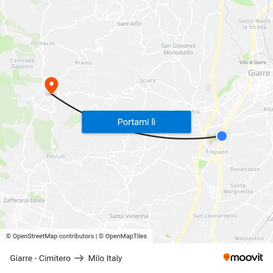 Giarre - Cimitero to Milo Italy map