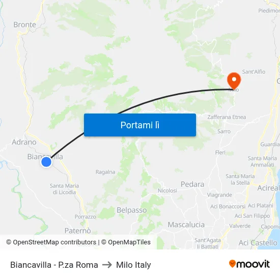 Biancavilla - P.za Roma to Milo Italy map