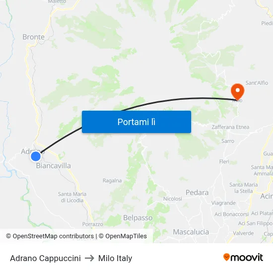 Adrano Cappuccini to Milo Italy map