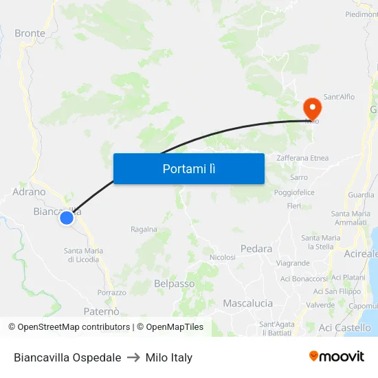 Biancavilla Ospedale to Milo Italy map