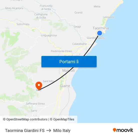 Taormina Giardini FS to Milo Italy map