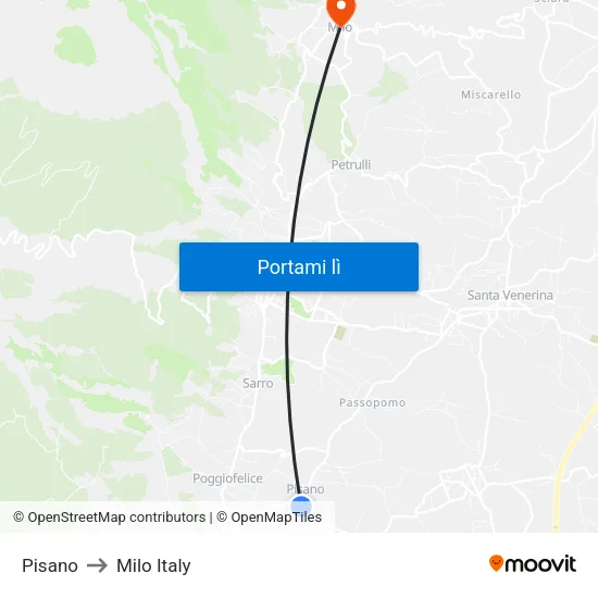 Pisano to Milo Italy map