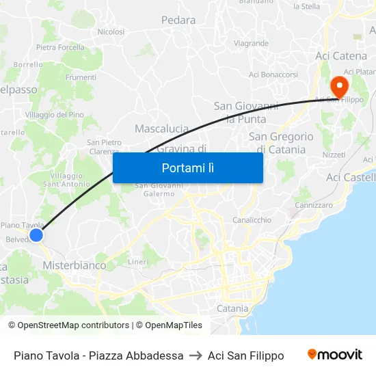 Piano Tavola - Piazza Abbadessa to Aci San Filippo map