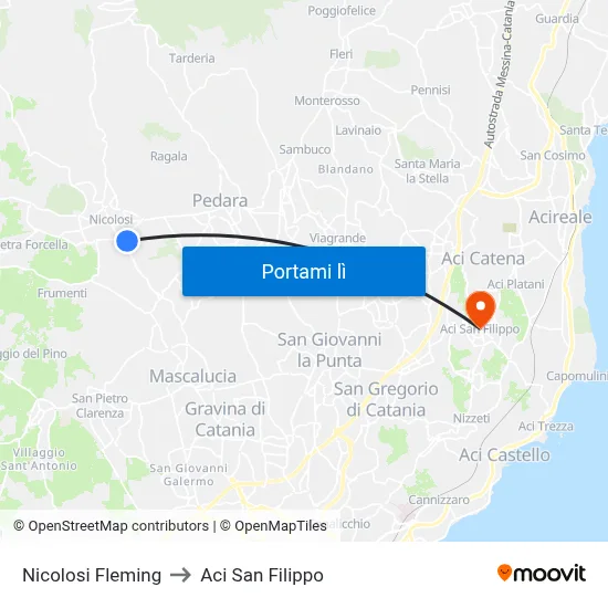Nicolosi Fleming to Aci San Filippo map
