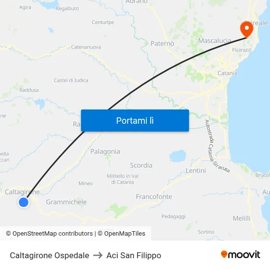 Caltagirone Ospedale to Aci San Filippo map