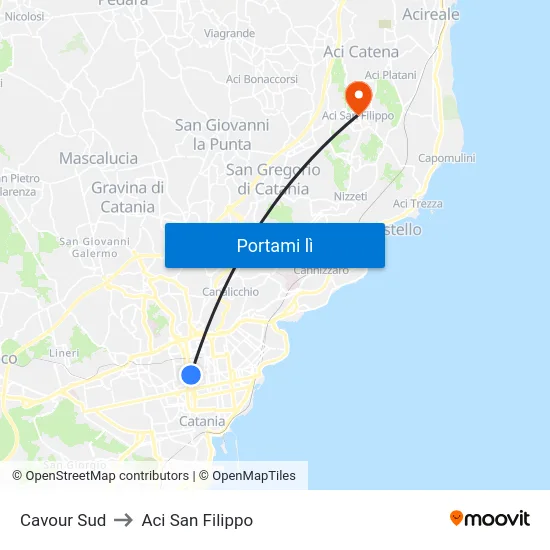 Cavour Sud to Aci San Filippo map