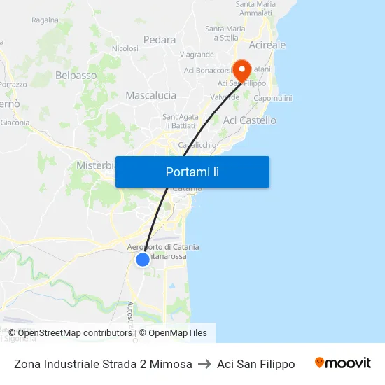 Zona Industriale Strada 2 Mimosa to Aci San Filippo map