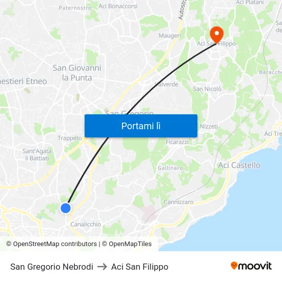 San Gregorio Nebrodi to Aci San Filippo map