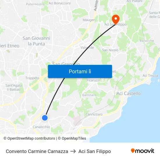 Convento Carmine Carnazza to Aci San Filippo map