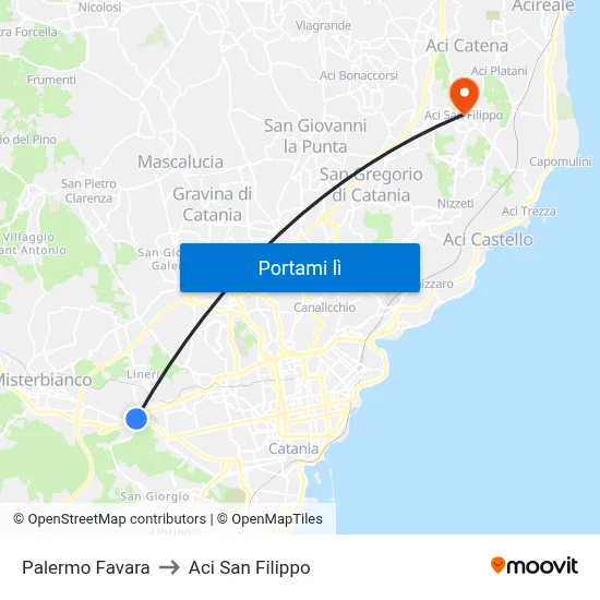 Palermo Favara to Aci San Filippo map