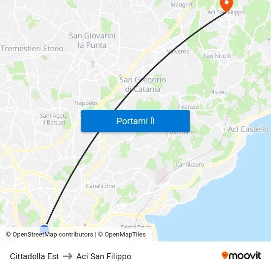 Cittadella Est to Aci San Filippo map