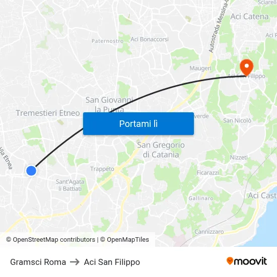 Gramsci Roma to Aci San Filippo map
