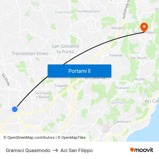 Gramsci Quasimodo to Aci San Filippo map
