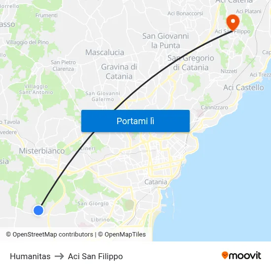 Humanitas to Aci San Filippo map