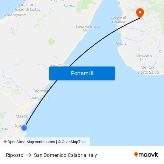 Riposto to San Domenico Calabria Italy map