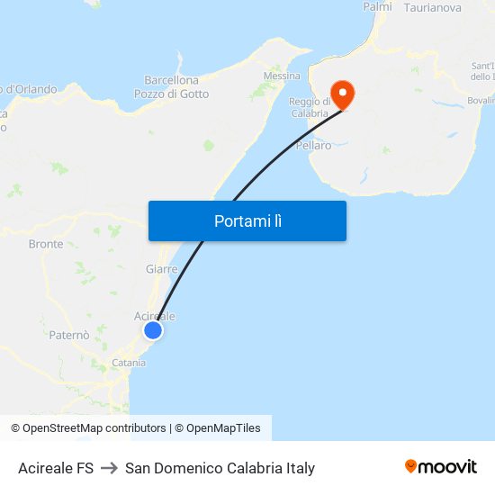 Acireale FS to San Domenico Calabria Italy map